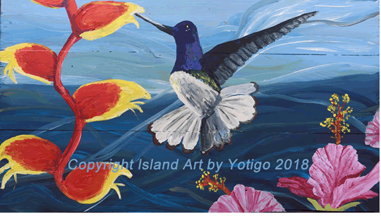 Hummingbird and Flower painting on wood - Island Art by Yotigo